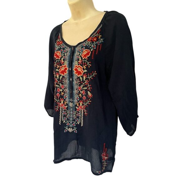 New Johnny Was Navy Floral Embroidered Cupra Rayon Boho Olivia Blouse Top - Picture 6 of 11